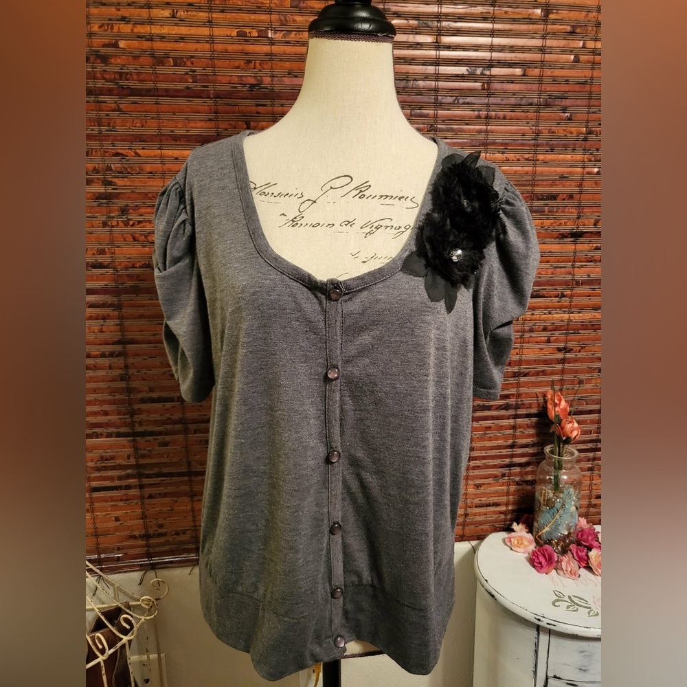 Delirious Charcoal Button-Up Blouse with Black Floral Detail